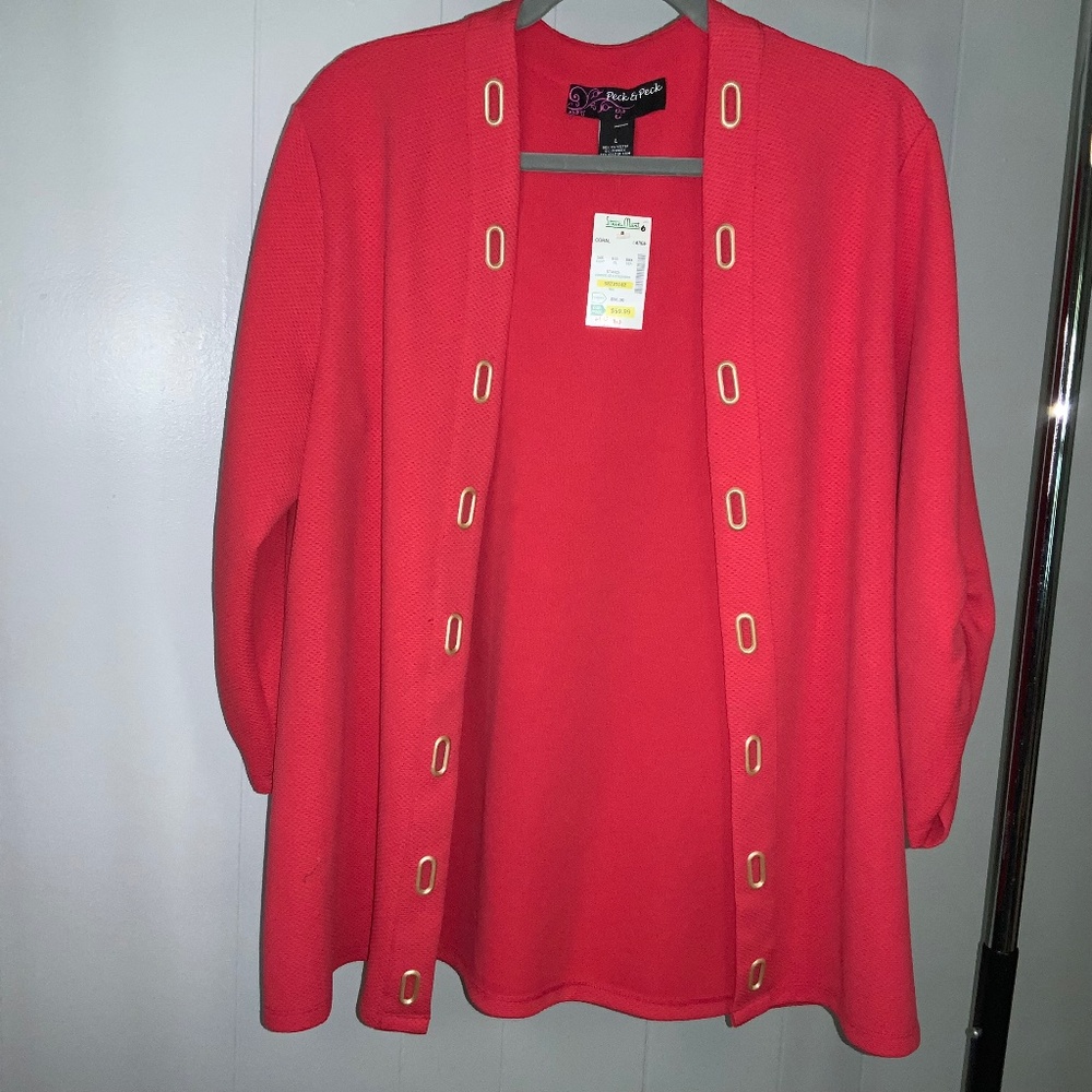 Peck & Peck open front coral cardigan jacket goldtone detail Sz L ruched sleeve